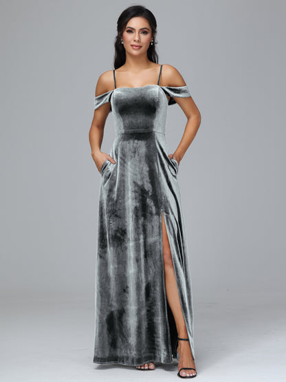 Spaghetti Straps Off Shoulder Velvet Bridesmaid Dress With Slit
