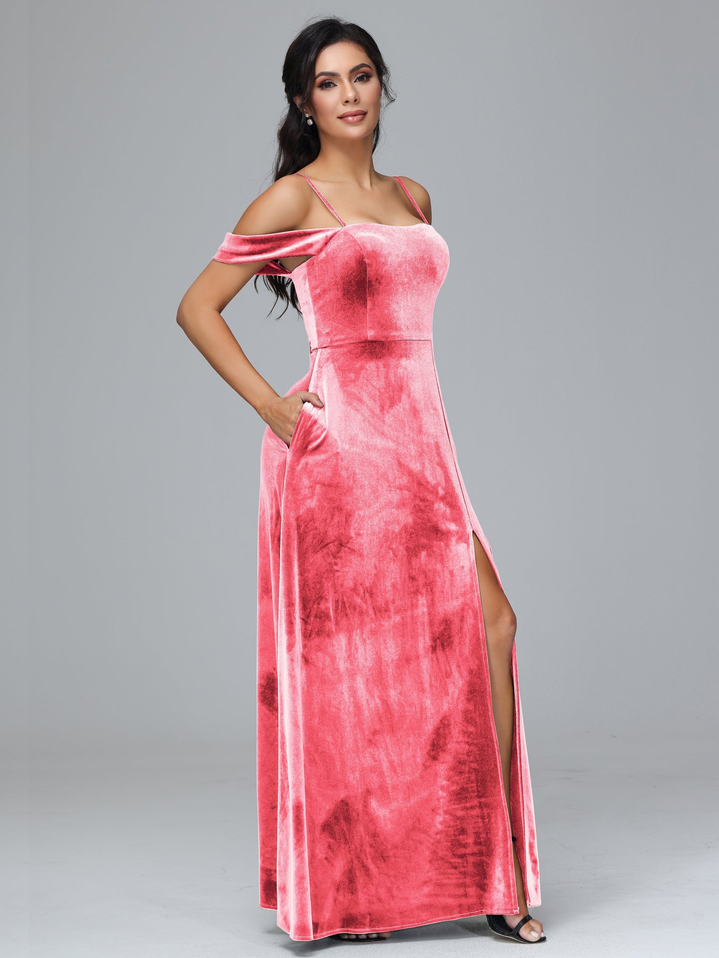 Spaghetti Straps Off Shoulder Velvet Bridesmaid Dress With Slit