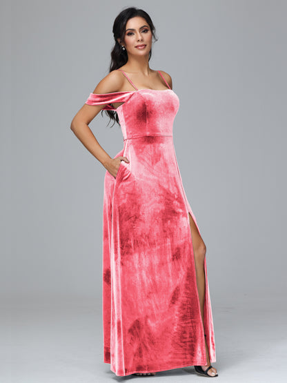 Spaghetti Straps Off Shoulder Velvet Bridesmaid Dress With Slit