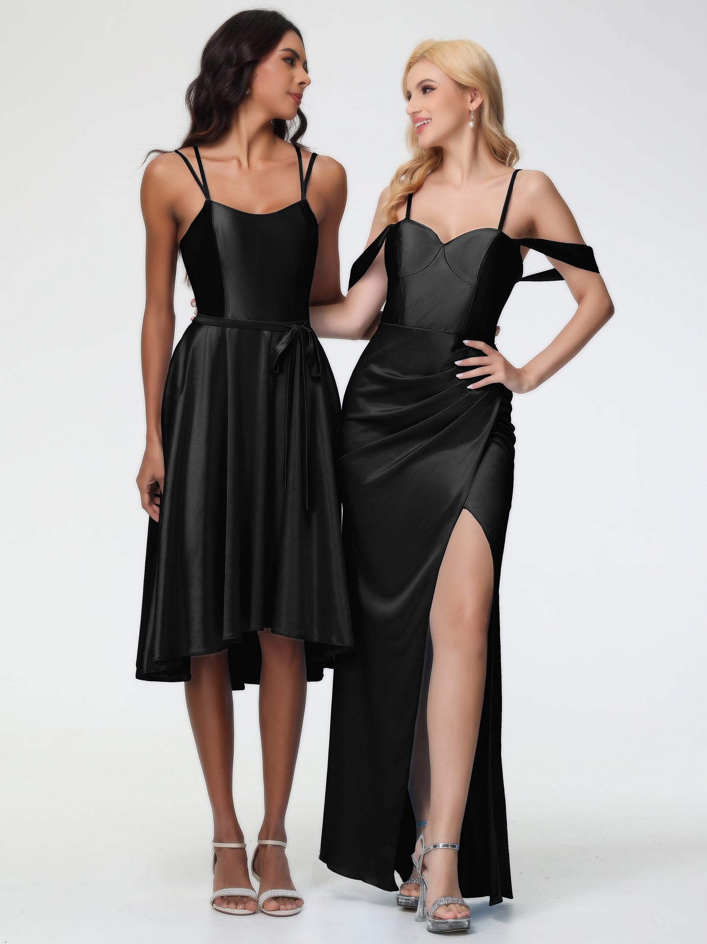 Black Off The Shoulder Stretch Crepe Bridesmaid Dress Sheath/Column Off The Shoulder Removable Straps Stretch Satin Bridesmaid Dress With Slit