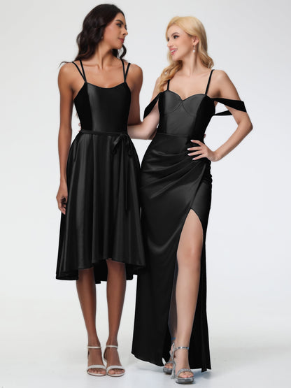 Black Off The Shoulder Stretch Crepe Bridesmaid Dress Sheath/Column Off The Shoulder Removable Straps Stretch Satin Bridesmaid Dress With Slit