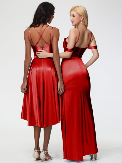 Bridesmaid Dresses Red Sheath/Column Off The Shoulder Removable Straps Stretch Satin Bridesmaid Dress With Slit