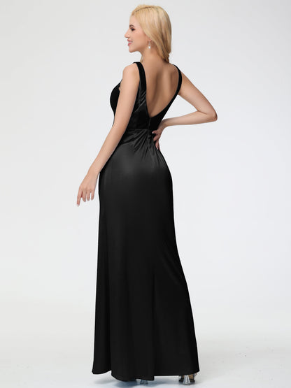 Black Stretch Satin Bridesmaid Dress Sheath/Column Straps V Back Floor Length Stretch Satin Bridesmaid Dress