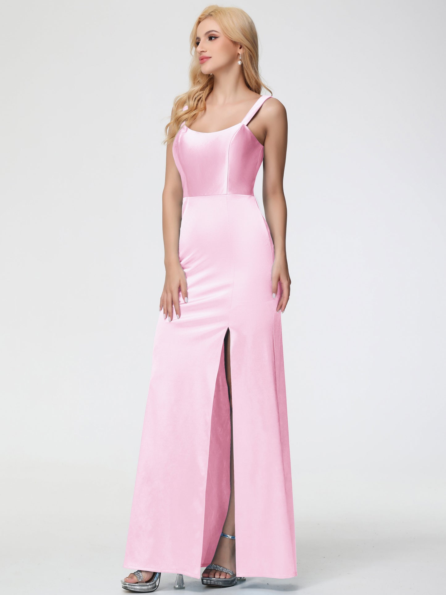 Blush Pink Bridesmaid Sheath/Column Straps V Back Floor Length Stretch Satin Bridesmaid Dress