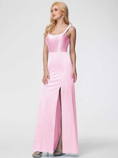 Blush Pink Bridesmaid Sheath/Column Straps V Back Floor Length Stretch Satin Bridesmaid Dress
