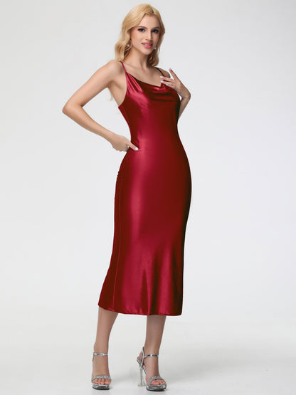 Bridesmaid Dresses Burgundy Sheath/Column Straps Cowl Neck Tea Length Stretch Satin Bridesmaid Dress