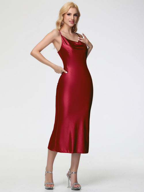 Bridesmaid Dresses Burgundy Sheath/Column Straps Cowl Neck Tea Length Stretch Satin Bridesmaid Dress