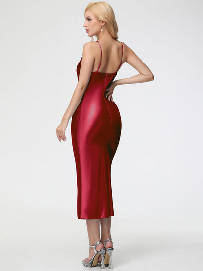 Bridesmaid Dresses Burgundy Sheath/Column Straps Cowl Neck Tea Length Stretch Satin Bridesmaid Dress