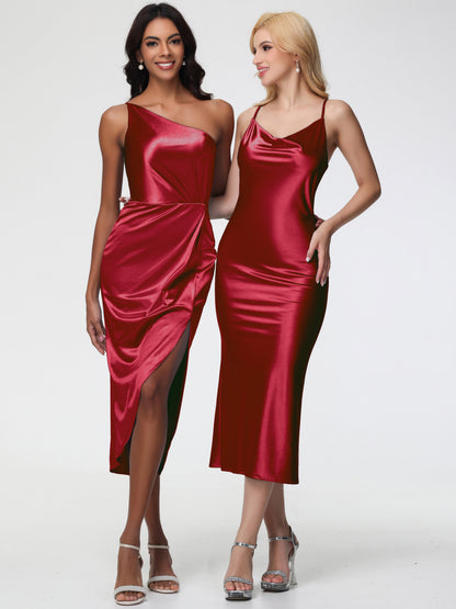 Bridesmaid Dresses Burgundy Sheath/Column Straps Cowl Neck Tea Length Stretch Satin Bridesmaid Dress