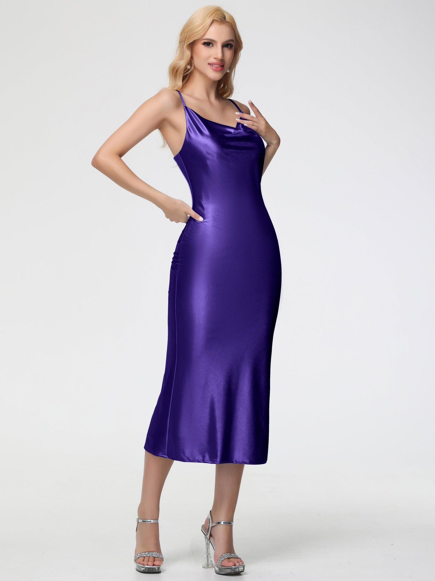 Bridesmaid Dresses Regency Sheath/Column Straps Cowl Neck Tea Length Stretch Satin Bridesmaid Dress