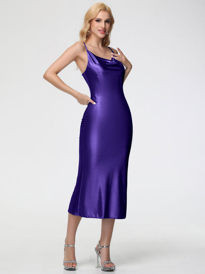 Bridesmaid Dresses Regency Sheath/Column Straps Cowl Neck Tea Length Stretch Satin Bridesmaid Dress