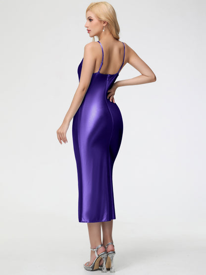 Bridesmaid Dresses Regency Sheath/Column Straps Cowl Neck Tea Length Stretch Satin Bridesmaid Dress