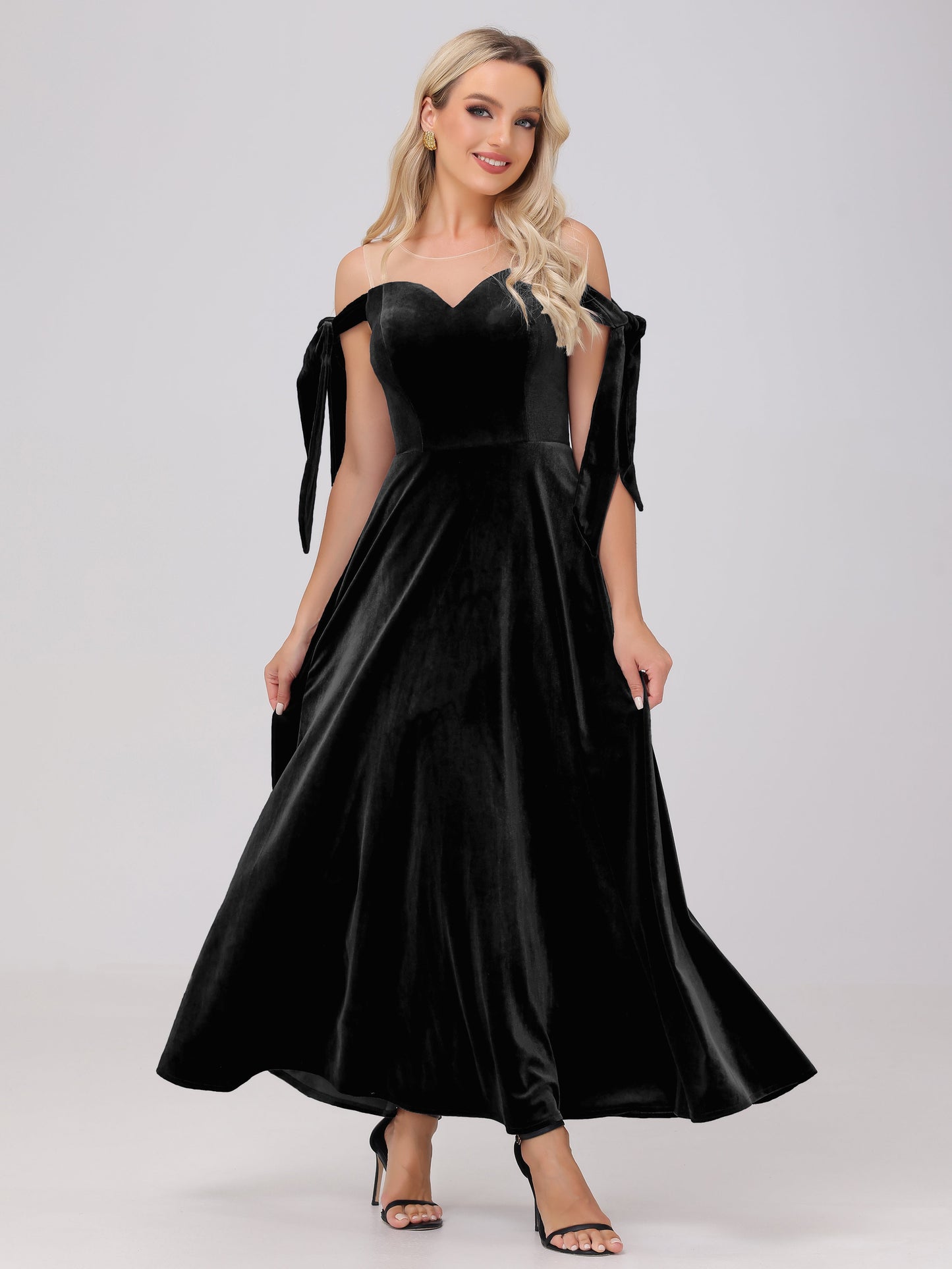 Sheer Neck Sweetheart Ankle Length Velvet Bridesmaid Dresses