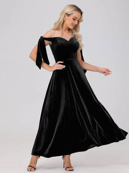 Sheer Neck Sweetheart Ankle Length Velvet Bridesmaid Dresses