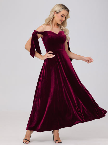 Sheer Neck Sweetheart Ankle Length Velvet Bridesmaid Dresses