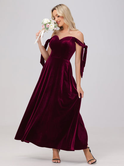 Sheer Neck Sweetheart Ankle Length Velvet Bridesmaid Dresses