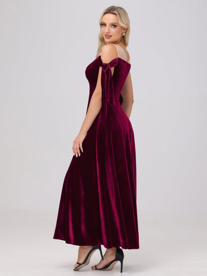 Sheer Neck Sweetheart Ankle Length Velvet Bridesmaid Dresses