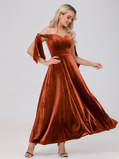 Sheer Neck Sweetheart Ankle Length Velvet Bridesmaid Dresses