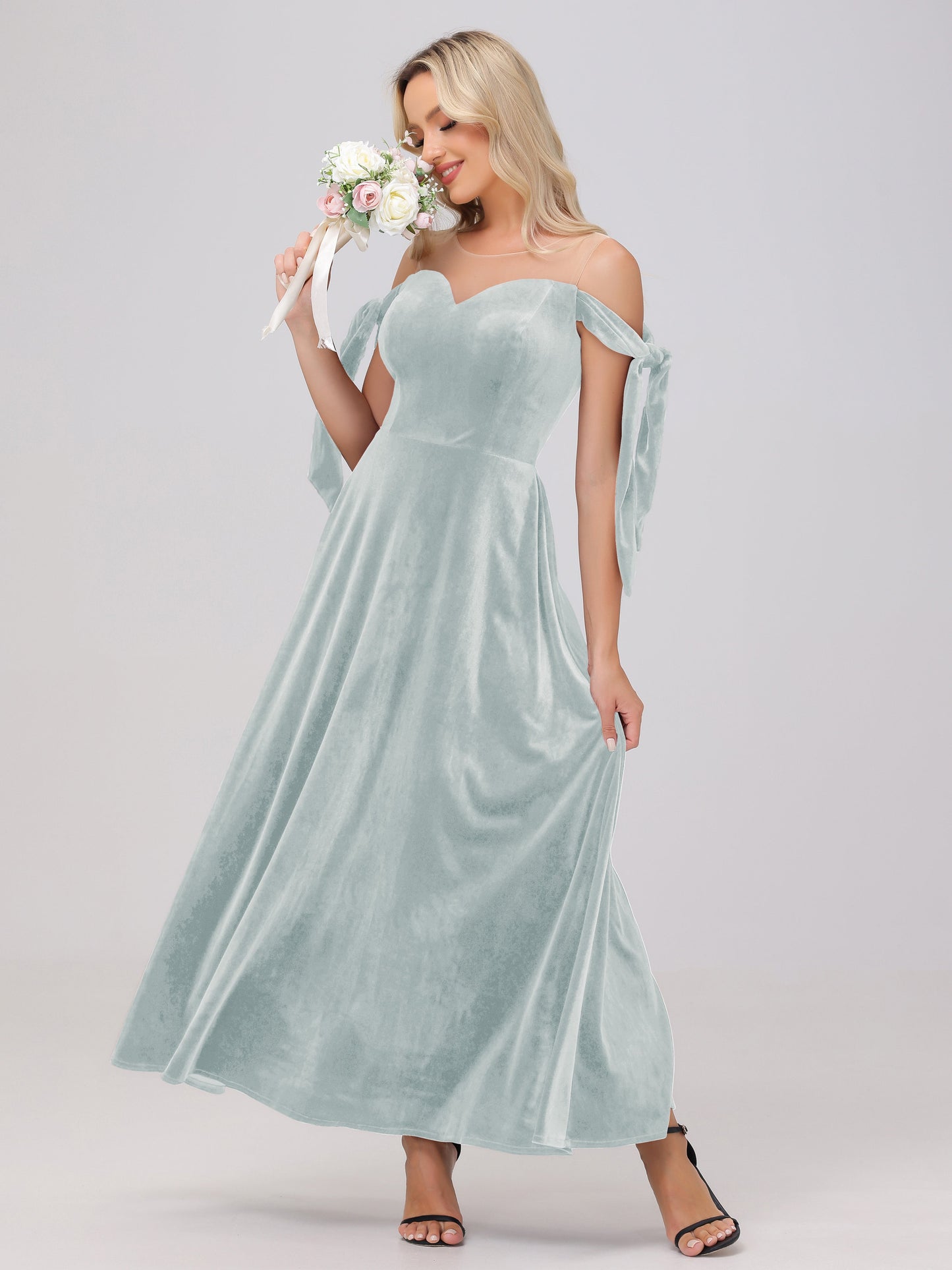 Sheer Neck Sweetheart Ankle Length Velvet Bridesmaid Dresses