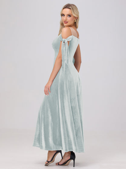 Sheer Neck Sweetheart Ankle Length Velvet Bridesmaid Dresses