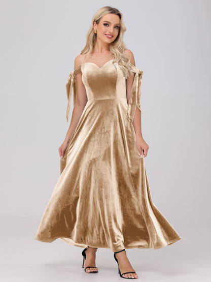 Sheer Neck Sweetheart Ankle Length Velvet Bridesmaid Dresses