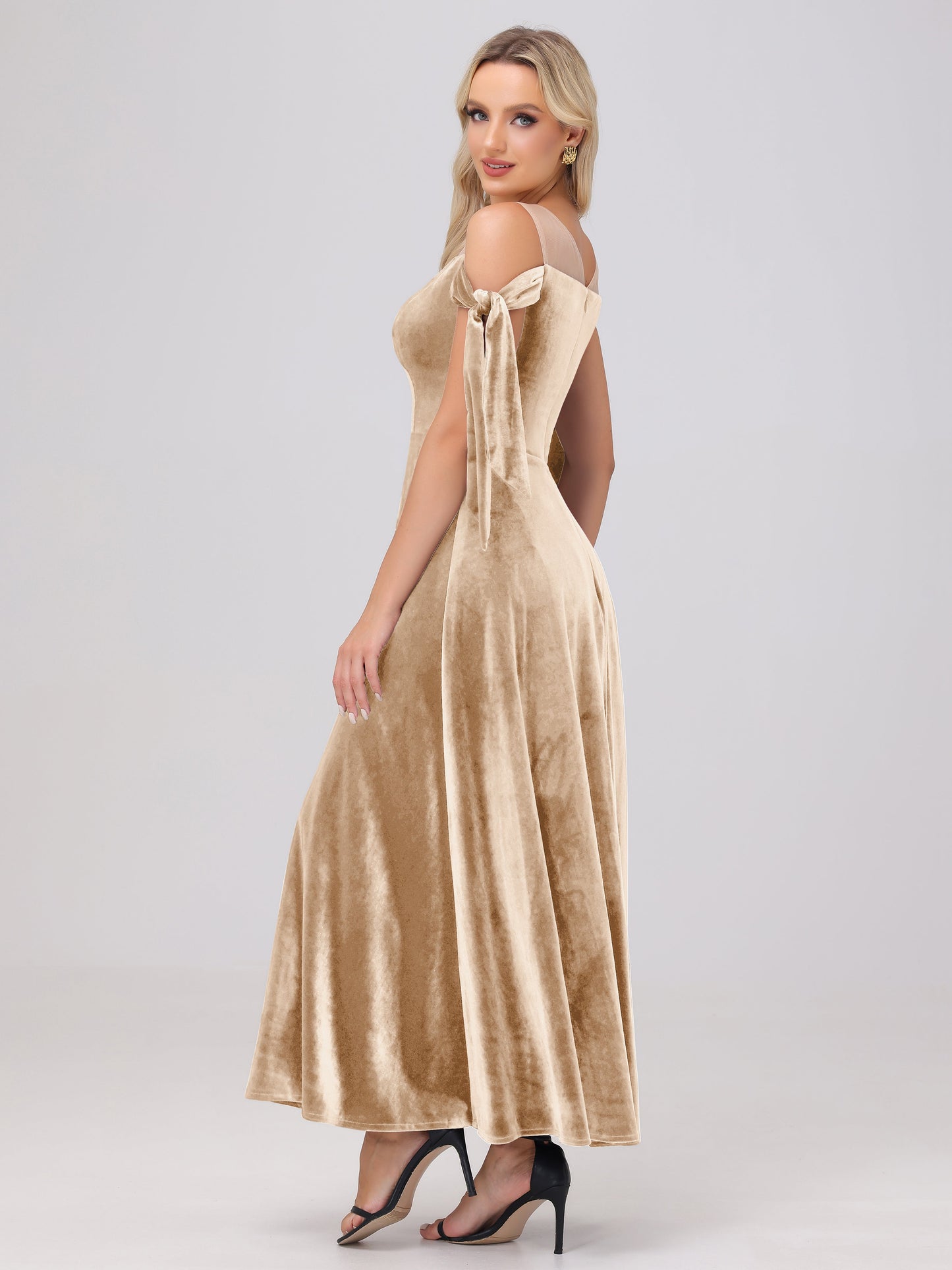 Sheer Neck Sweetheart Ankle Length Velvet Bridesmaid Dresses
