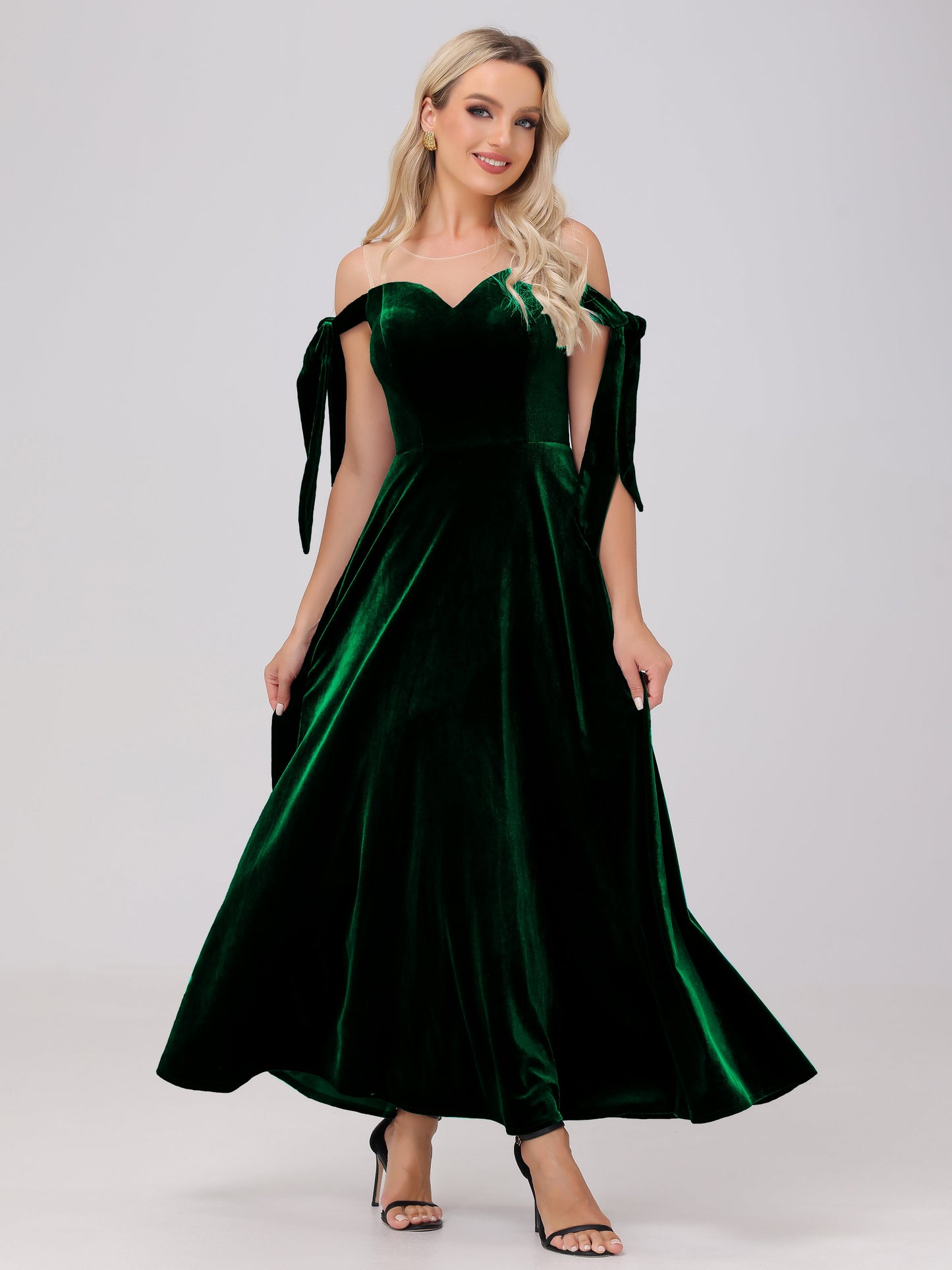 Sheer Neck Sweetheart Ankle Length Velvet Bridesmaid Dresses