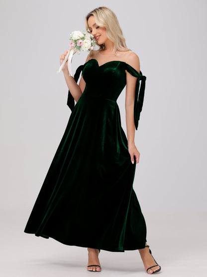 Sheer Neck Sweetheart Ankle Length Velvet Bridesmaid Dresses