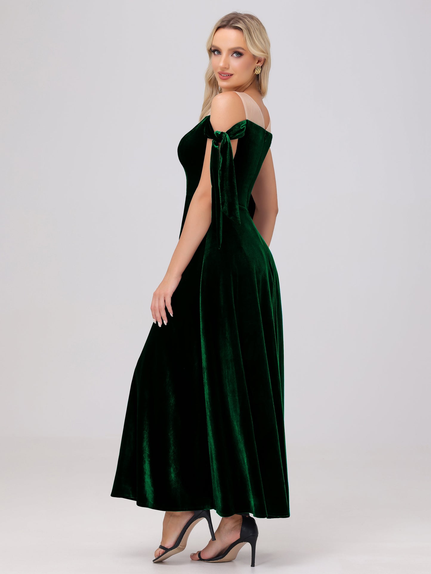 Sheer Neck Sweetheart Ankle Length Velvet Bridesmaid Dresses