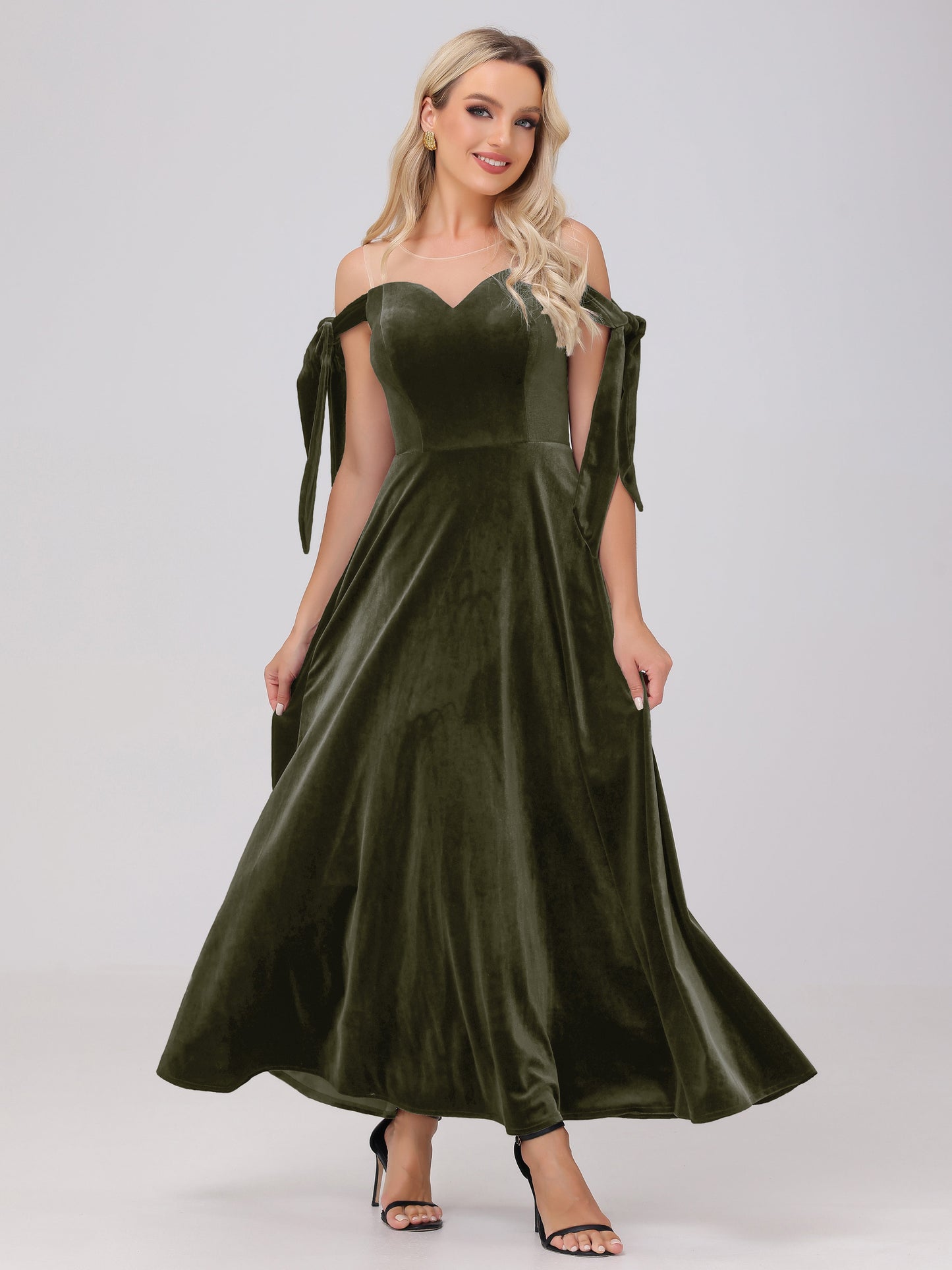 Sheer Neck Sweetheart Ankle Length Velvet Bridesmaid Dresses