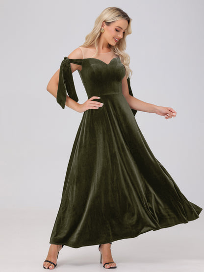 Sheer Neck Sweetheart Ankle Length Velvet Bridesmaid Dresses