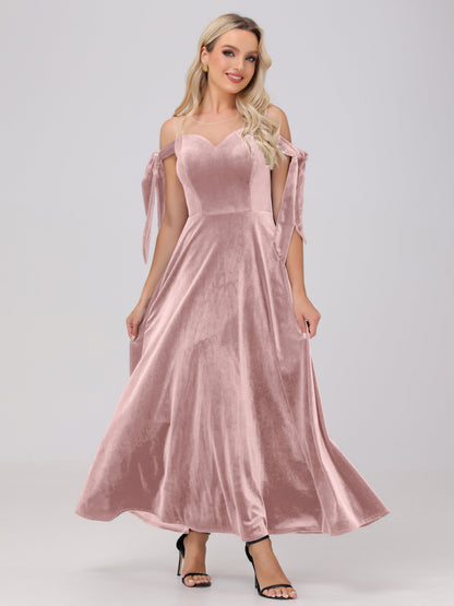 Sheer Neck Sweetheart Ankle Length Velvet Bridesmaid Dresses