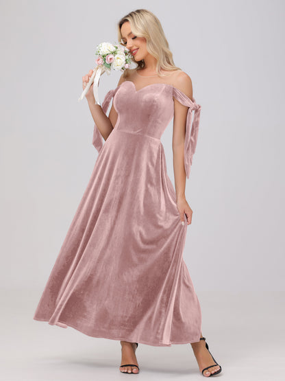 Sheer Neck Sweetheart Ankle Length Velvet Bridesmaid Dresses