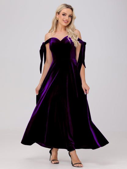 Sheer Neck Sweetheart Ankle Length Velvet Bridesmaid Dresses