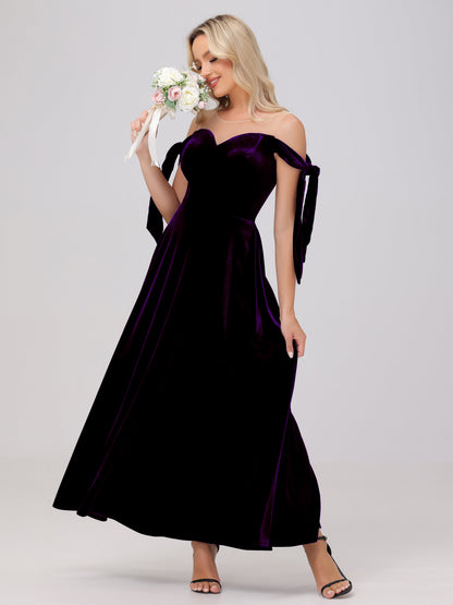 Sheer Neck Sweetheart Ankle Length Velvet Bridesmaid Dresses