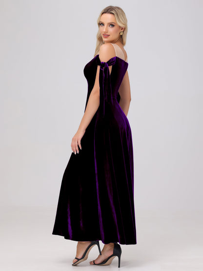 Sheer Neck Sweetheart Ankle Length Velvet Bridesmaid Dresses