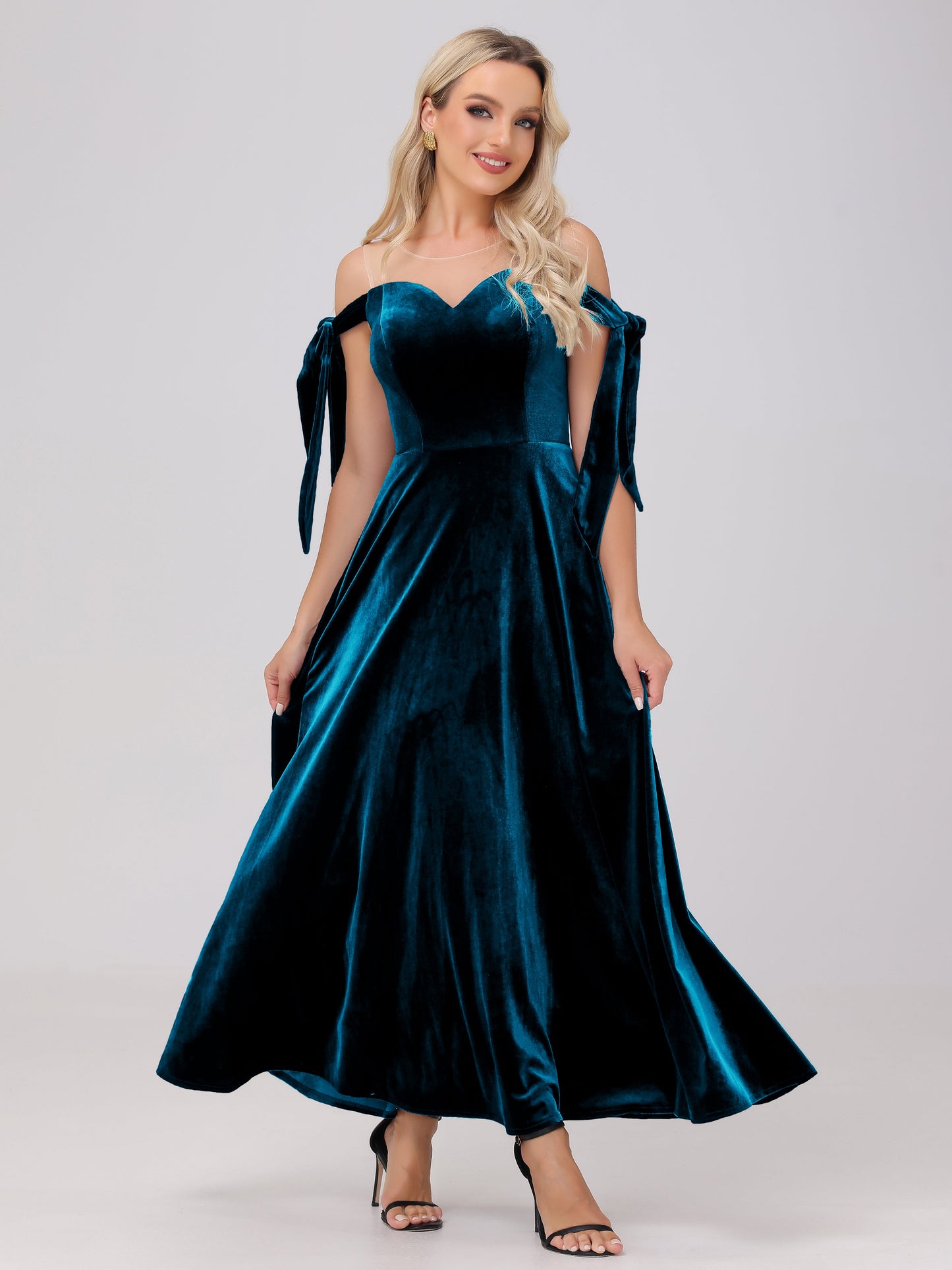 Sheer Neck Sweetheart Ankle Length Velvet Bridesmaid Dresses