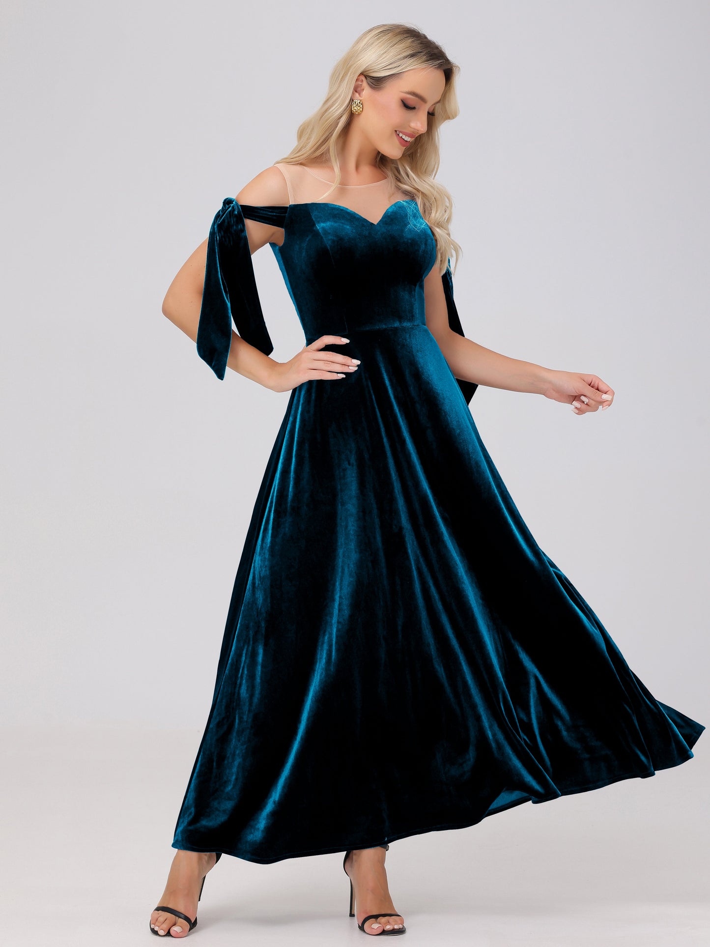 Sheer Neck Sweetheart Ankle Length Velvet Bridesmaid Dresses