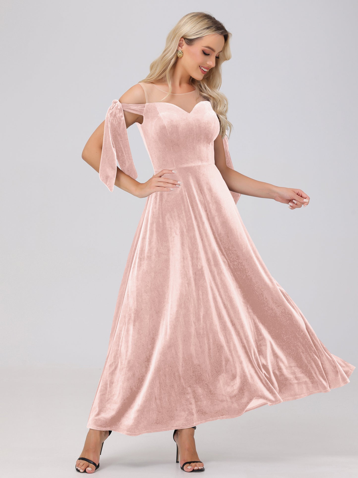 Sheer Neck Sweetheart Ankle Length Velvet Bridesmaid Dresses