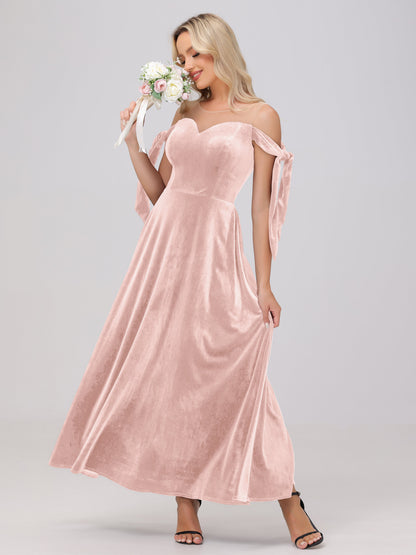 Sheer Neck Sweetheart Ankle Length Velvet Bridesmaid Dresses