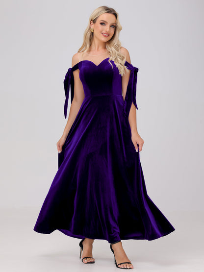 Sheer Neck Sweetheart Ankle Length Velvet Bridesmaid Dresses