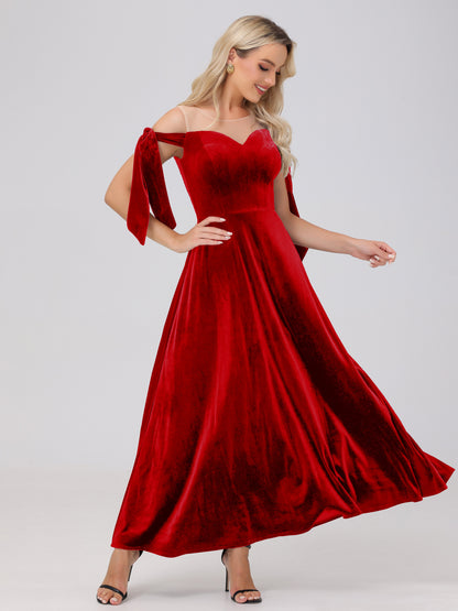 Sheer Neck Sweetheart Ankle Length Velvet Bridesmaid Dresses