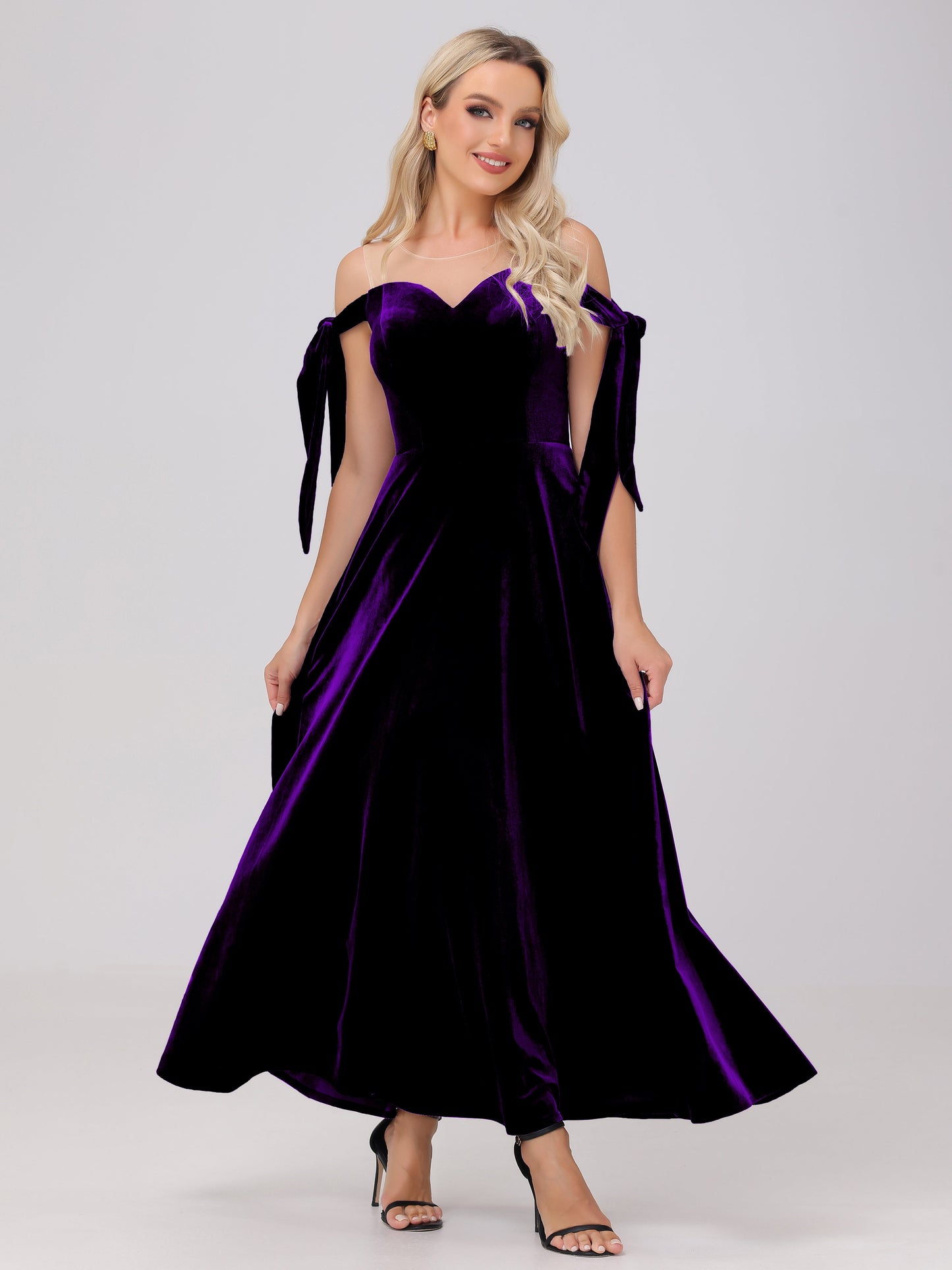 Sheer Neck Sweetheart Ankle Length Velvet Bridesmaid Dresses