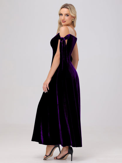 Sheer Neck Sweetheart Ankle Length Velvet Bridesmaid Dresses