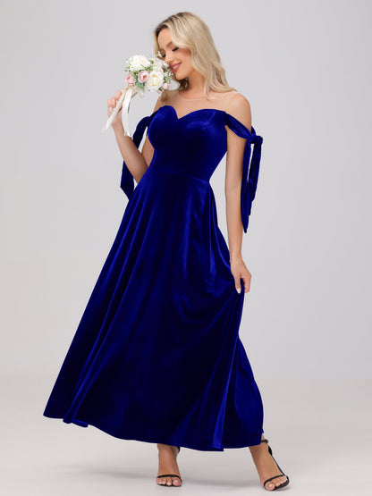 Sheer Neck Sweetheart Ankle Length Velvet Bridesmaid Dresses