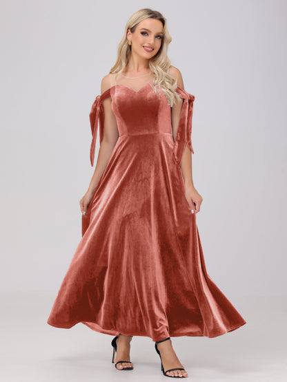 Sheer Neck Sweetheart Ankle Length Velvet Bridesmaid Dresses