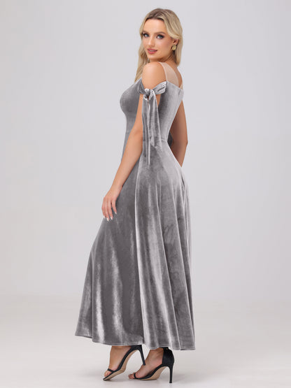 Sheer Neck Sweetheart Ankle Length Velvet Bridesmaid Dresses