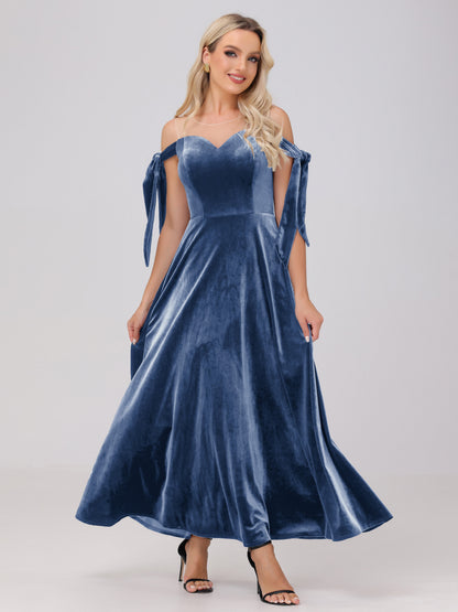 Sheer Neck Sweetheart Ankle Length Velvet Bridesmaid Dresses