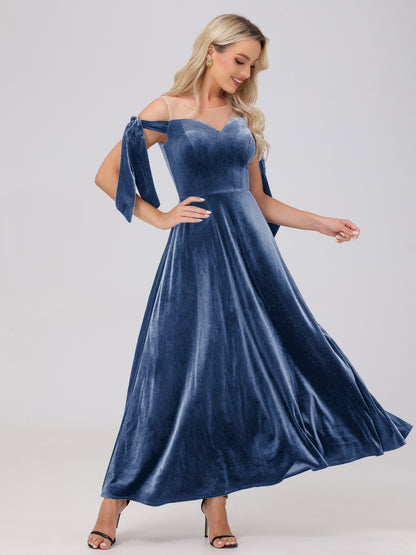Sheer Neck Sweetheart Ankle Length Velvet Bridesmaid Dresses