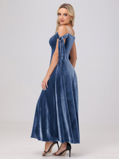 Sheer Neck Sweetheart Ankle Length Velvet Bridesmaid Dresses